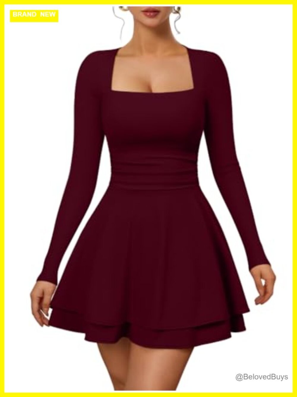 Womens Long Sleeve Square Neck Bodycon Mini Dress Ruffle Hem Party